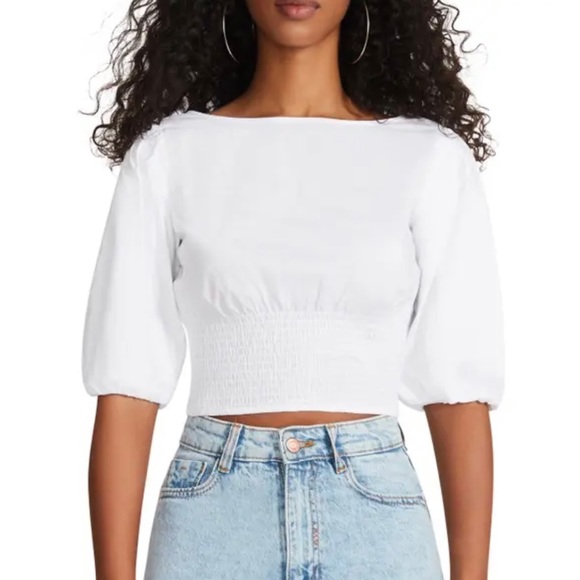 NWT BB DAKOTA SMOCKED PUFF-SLEEVE COTTON POPLIN TOP WHITE SMALL - Picture 3 of 6